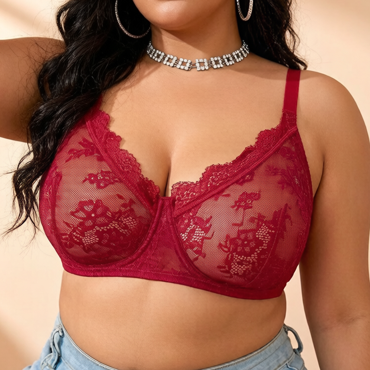 Sheer Bra Lace - Women Plus Size Red Lace Sheer